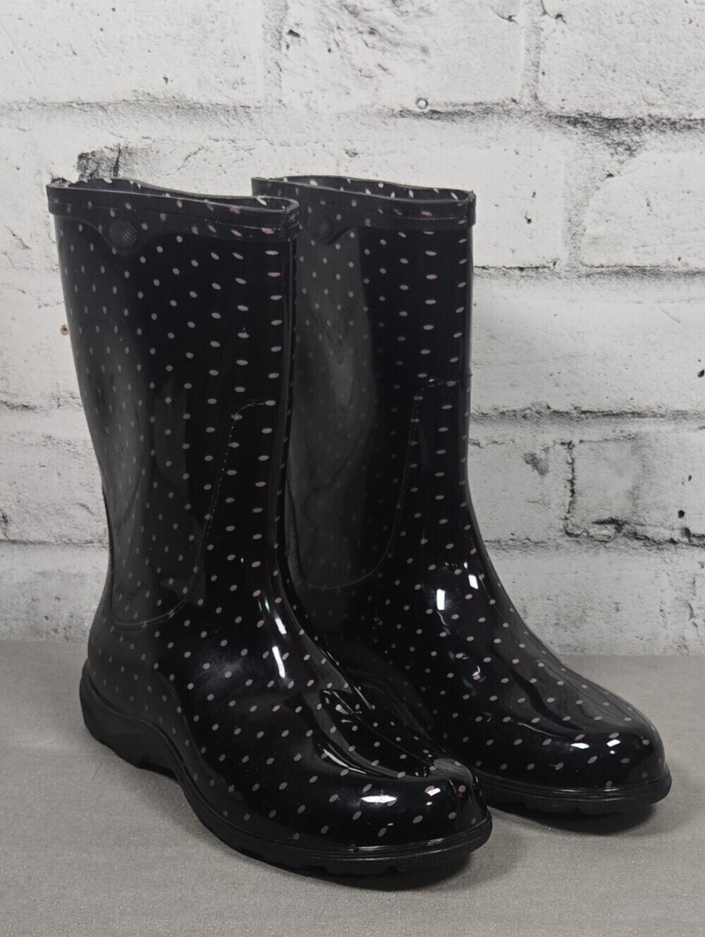 Sloggers Black Pink Polka Dot Rain Boots Womens Size 8 Waterproof